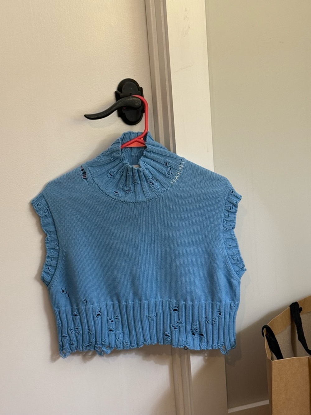 Marni Powder Blue Distressed Sleeveless Mock Neck Knit Top